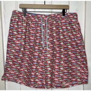 Peter Millar XXL Pink Red Seaside Collection Swim Trunks Fish Hooks Lined Shorts